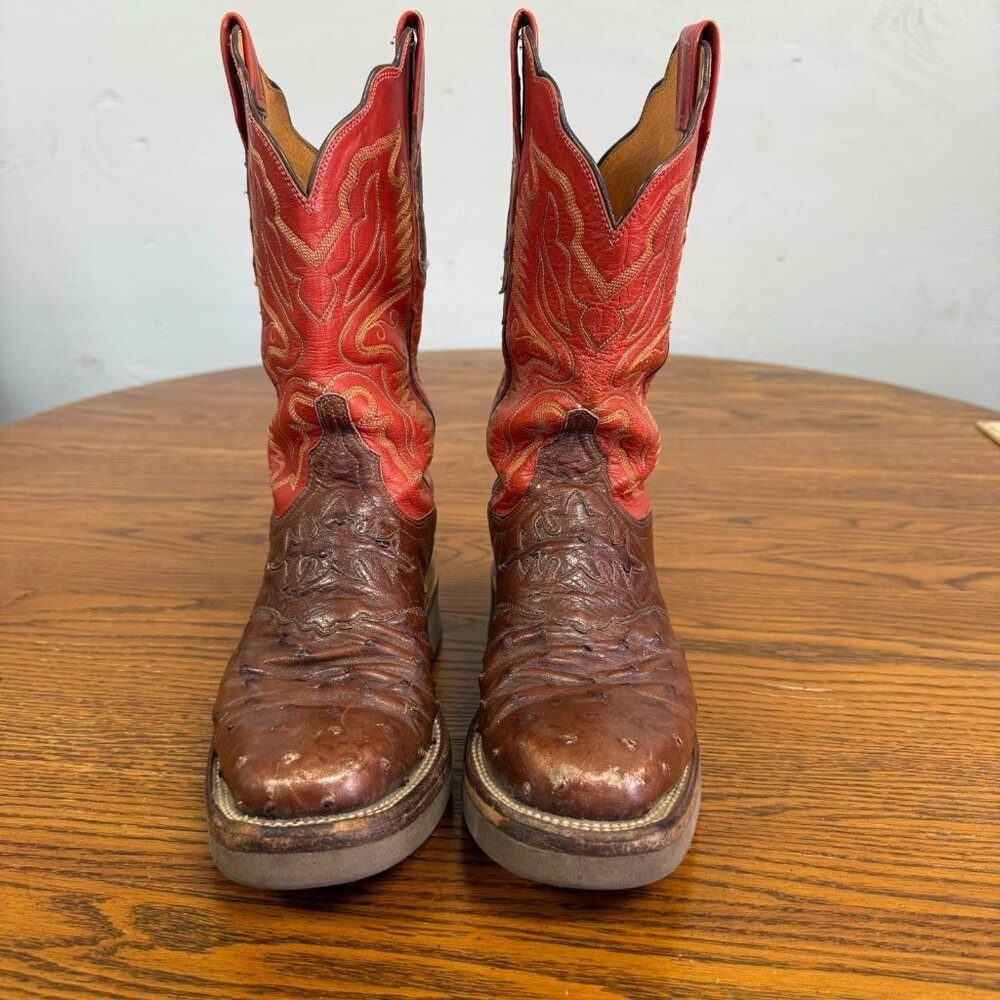 Women's Lucchese‎ 2000 Full Ostrich Quill Red and Brown Cowboy Boots Size 6
